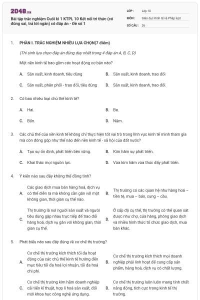 Bài tập trắc nghiệm Cuối kì 1 KTPL 10 Kết nối tri thức (có đúng sai, trả lời ngắn) có đáp án - Đề số 1
