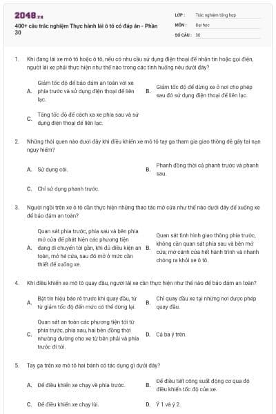 400+ câu trắc nghiệm Thực hành lái ô tô có đáp án - Phần 30