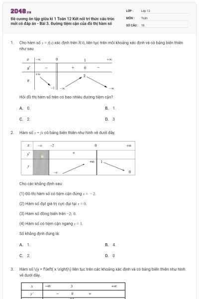 Đề cương ôn tập giữa kì 1 Toán 12 Kết nối tri thức cấu trúc mới có đáp án - Bài 3. Đường tiệm cận của đồ thị hàm số