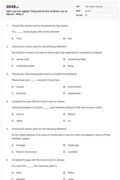 200+ câu trắc nghiệm Tiếng Anh Du lịch và Khách sạn có đáp án - Phần 3