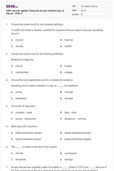 200+ câu trắc nghiệm Tiếng Anh Du lịch và Khách sạn có đáp án - Phần 4