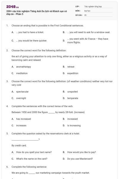 200+ câu trắc nghiệm Tiếng Anh Du lịch và Khách sạn có đáp án - Phần 5
