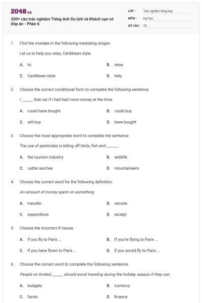 200+ câu trắc nghiệm Tiếng Anh Du lịch và Khách sạn có đáp án - Phần 6