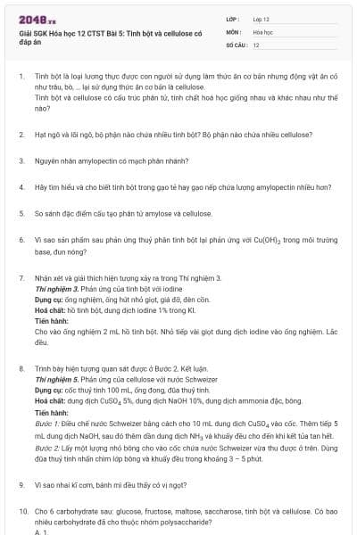 Giải SGK Hóa học 12 CTST Bài 5: Tinh bột và cellulose có đáp án