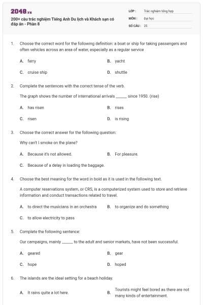 200+ câu trắc nghiệm Tiếng Anh Du lịch và Khách sạn có đáp án - Phần 8