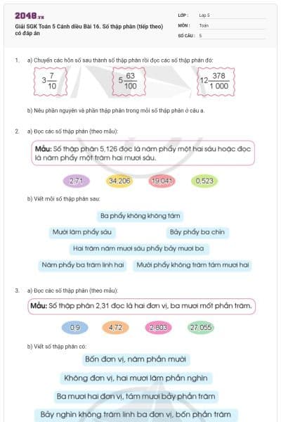 Giải SGK Toán 5 Cánh diều Bài 16. Số thập phân (tiếp theo) có đáp án
