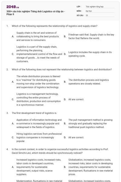 300+ câu trắc nghiệm Tiếng Anh Logistics có đáp án - Phần 9
