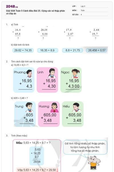 Giải SGK Toán 5 Cánh diều Bài 25. Cộng các số thập phân có đáp án