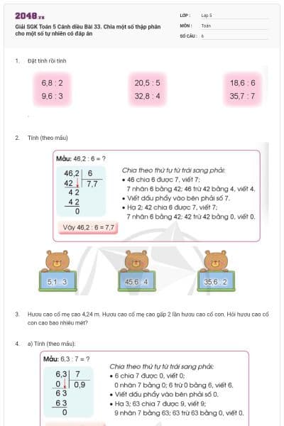 Giải SGK Toán 5 Cánh diều Bài 33. Chia một số thập phân cho một số tự nhiên có đáp án