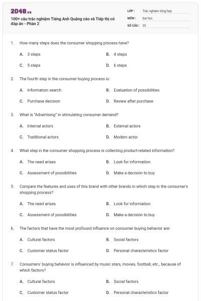 100+ câu trắc nghiệm Tiếng Anh Quảng cáo và Tiếp thị có đáp án - Phần 2