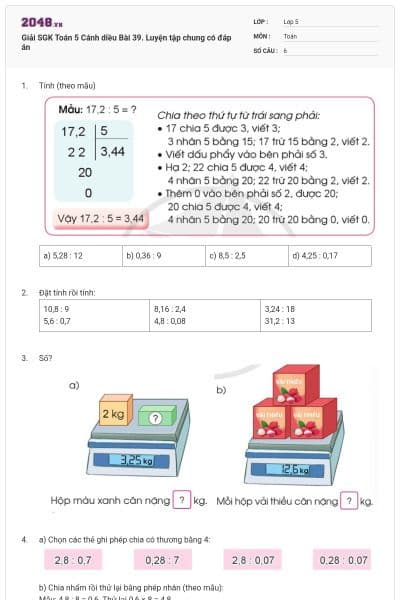 Giải SGK Toán 5 Cánh diều Bài 39. Luyện tập chung có đáp án