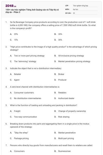 100+ câu trắc nghiệm Tiếng Anh Quảng cáo và Tiếp thị có đáp án - Phần 3