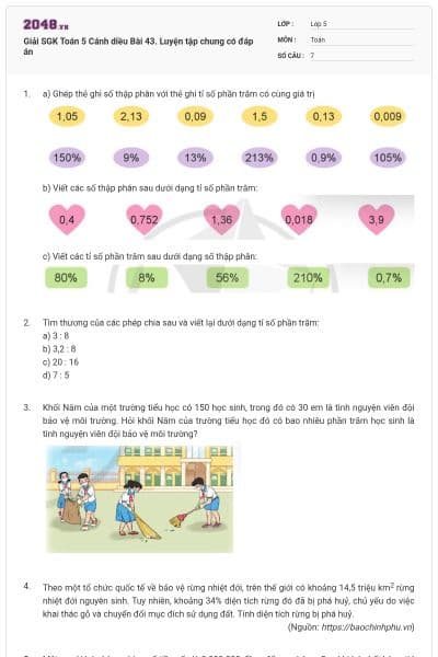 Giải SGK Toán 5 Cánh diều Bài 43. Luyện tập chung có đáp án