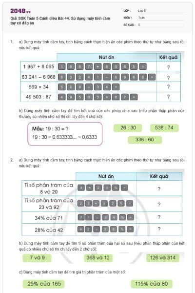 Giải SGK Toán 5 Cánh diều Bài 44. Sử dụng máy tính cầm tay có đáp án