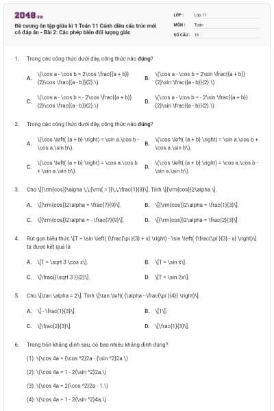 Đề cương ôn tập giữa kì 1 Toán 11 Cánh diều cấu trúc mới có đáp án - Bài 2: Các phép biến đổi lượng giác