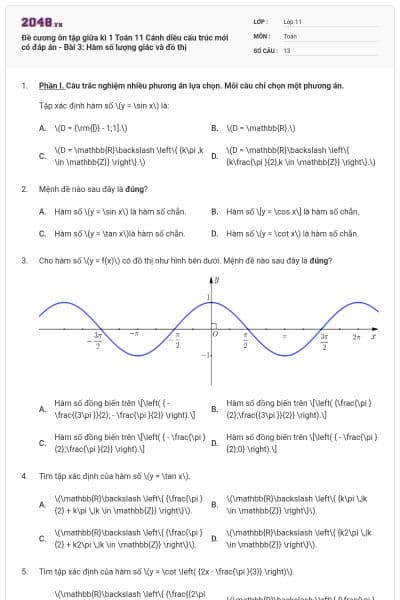 Đề cương ôn tập giữa kì 1 Toán 11 Cánh diều cấu trúc mới có đáp án - Bài 3: Hàm số lượng giác và đồ thị