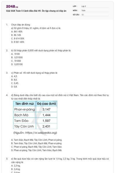 Giải SGK Toán 5 Cánh diều Bài 49. Ôn tập chung có đáp án