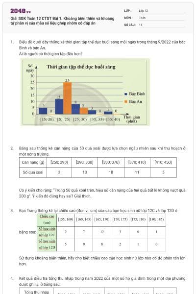 Giải SGK Toán 12 CTST Bài 1. Khoảng biến thiên và khoảng tứ phân vị của mẫu số liệu ghép nhóm có đáp án