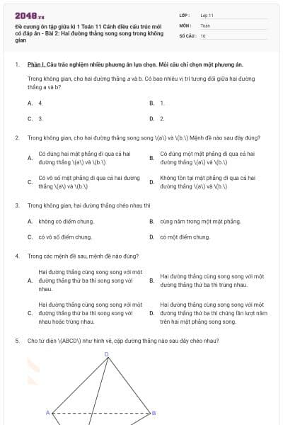 Đề cương ôn tập giữa kì 1 Toán 11 Cánh diều cấu trúc mới có đáp án - Bài 2: Hai đường thẳng song song trong không gian
