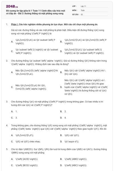 Đề cương ôn tập giữa kì 1 Toán 11 Cánh diều cấu trúc mới có đáp án - Bài 3: Đường thẳng và mặt phẳng song song