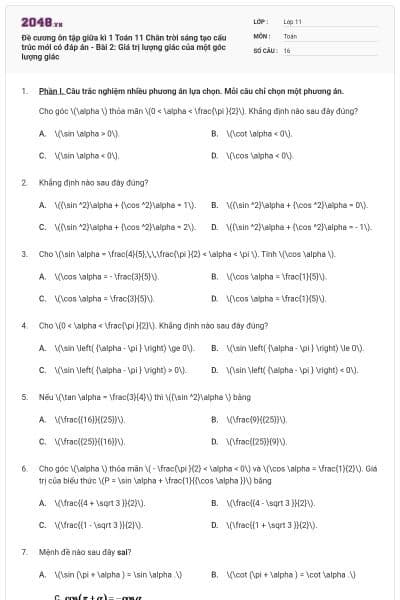Đề cương ôn tập giữa kì 1 Toán 11 Chân trời sáng tạo cấu trúc mới có đáp án - Bài 2: Giá trị lượng giác của một góc lượng giác