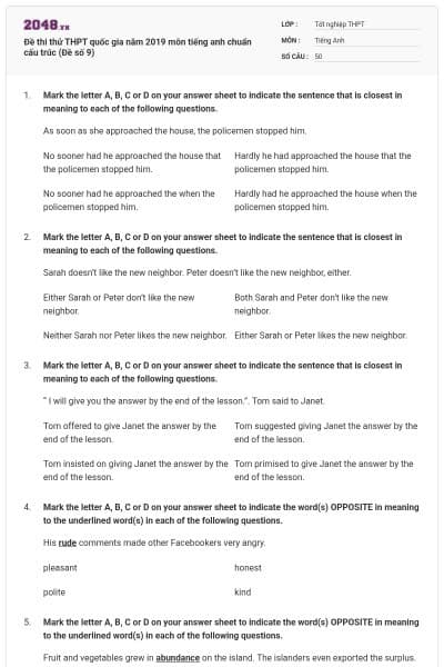Đề thi thử THPT quốc gia năm 2019 môn tiếng anh chuẩn cấu trúc (Đề số 9)