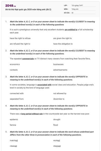 Đề thi thử thpt quốc gia 2020 môn tiếng anh (đề 2)