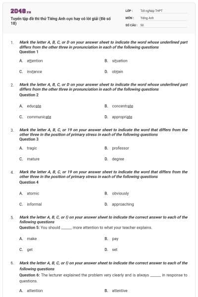 Tuyển tập đề thi thử Tiếng Anh cực hay có lời giải (Đề số 18)