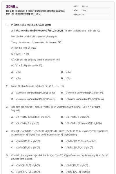 Bộ 5 đề thi giữa kì 1 Toán 10 Chân trời sáng tạo cấu trúc mới (có tự luận) có đáp án - Đề 2