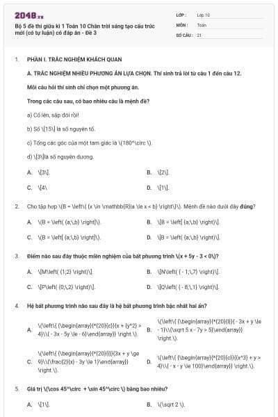 Bộ 5 đề thi giữa kì 1 Toán 10 Chân trời sáng tạo cấu trúc mới (có tự luận) có đáp án - Đề 3