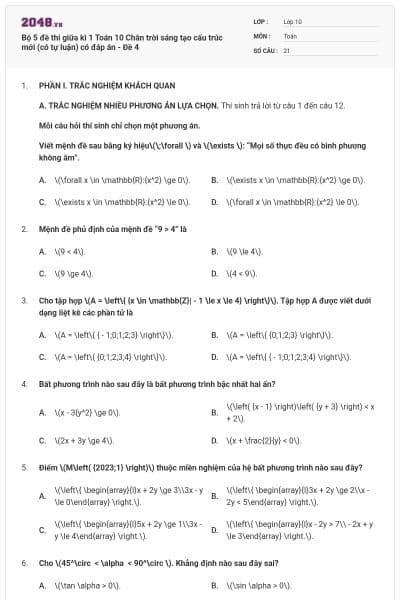 Bộ 5 đề thi giữa kì 1 Toán 10 Chân trời sáng tạo cấu trúc mới (có tự luận) có đáp án - Đề 4