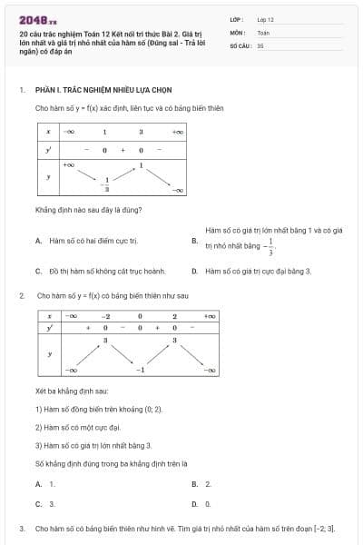 20 câu trắc nghiệm Toán 12 Kết nối tri thức Bài 2. Giá trị lớn nhất và giá trị nhỏ nhất của hàm số (Đúng sai - Trả lời ngắn) có đáp án