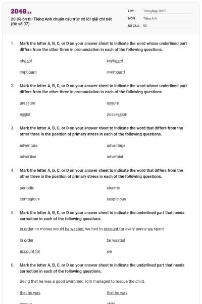 20 Đề ôn thi Tiếng Anh chuẩn cấu trúc có lời giải chi tiết (Đề số 07)