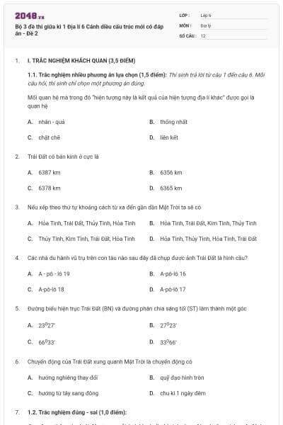 Bộ 3 đề thi giữa kì 1 Địa lí 6 Cánh diều cấu trúc mới có đáp án - Đề 2