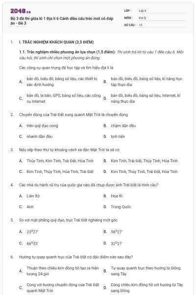 Bộ 3 đề thi giữa kì 1 Địa lí 6 Cánh diều cấu trúc mới có đáp án - Đề 3
