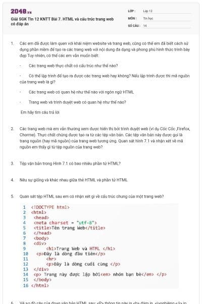 Giải SGK Tin 12 KNTT Bài 7. HTML và cấu trúc trang web có đáp án