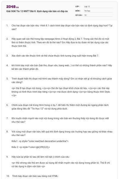 Giải SGK Tin 12 KNTT Bài 8. Định dạng văn bản có đáp án