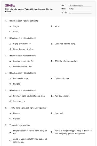 350+ câu trắc nghiệm Tiếng Việt thực hành có đáp án - Phần 9