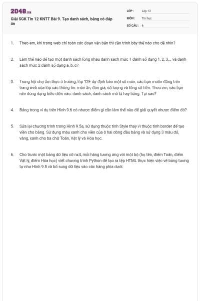 Giải SGK Tin 12 KNTT Bài 9. Tạo danh sách, bảng có đáp án