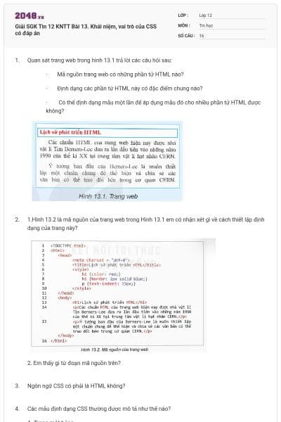 Giải SGK Tin 12 KNTT Bài 13. Khái niệm, vai trò của CSS có đáp án