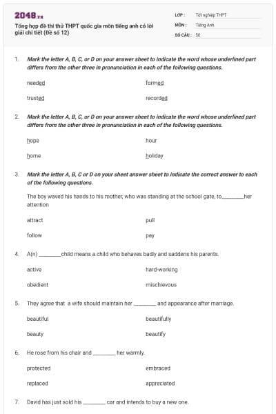 Tổng hợp đề thi thử THPT quốc gia môn tiếng anh có lời giải chi tiết (Đề số 12)