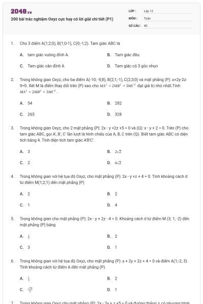 200 bài trắc nghiệm Oxyz cực hay có lời giải chi tiết (P1)