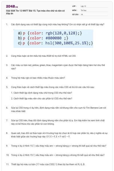 Giải SGK Tin 12 KNTT Bài 15. Tạo màu cho chữ và nền có đáp án