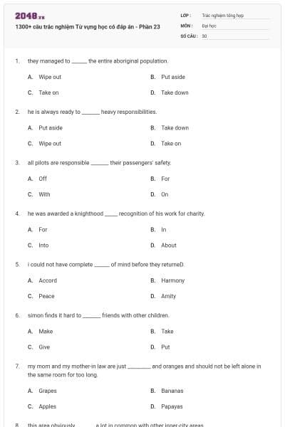 1300+ câu trắc nghiệm Từ vựng học có đáp án - Phần 23