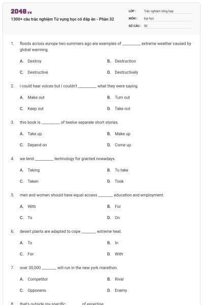 1300+ câu trắc nghiệm Từ vựng học có đáp án - Phần 32