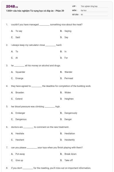 1300+ câu trắc nghiệm Từ vựng học có đáp án - Phần 39