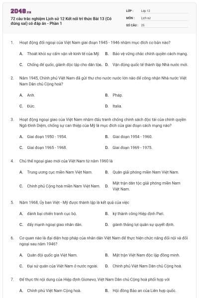72 câu trắc nghiệm Lịch sử 12 Kết nối tri thức Bài 13 (Có đúng sai) có đáp án - Phần 1