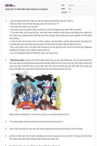 Soạn Văn 12 Cánh diều Quan thanh tra có đáp án