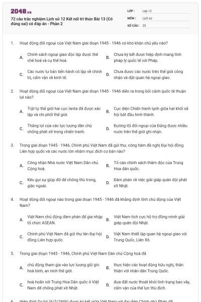 72 câu trắc nghiệm Lịch sử 12 Kết nối tri thức Bài 13 (Có đúng sai) có đáp án - Phần 2