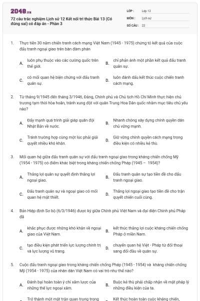 72 câu trắc nghiệm Lịch sử 12 Kết nối tri thức Bài 13 (Có đúng sai) có đáp án - Phần 3